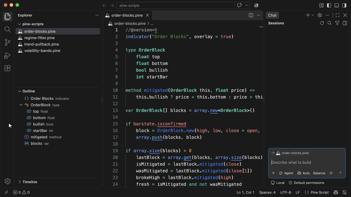 The Agent mode tool picker lists the Pine Script DevKit tools and the pine-script-devkit MCP server