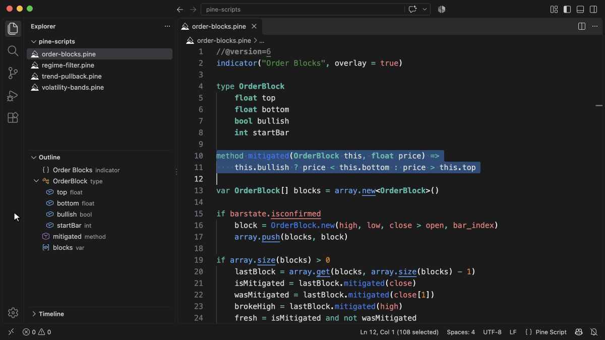 Copilot Chat explains a selected Pine Script method through @pinescript /explain