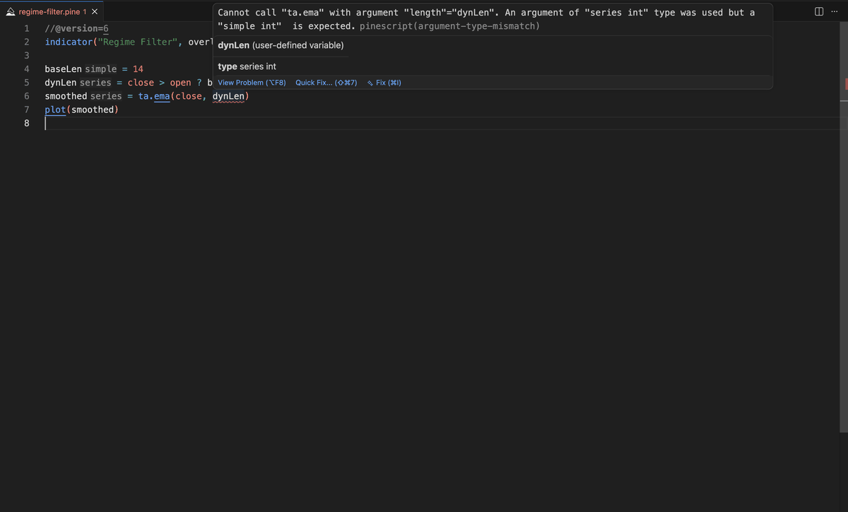 A type-qualifier diagnostic whose tooltip names the resolved type, with a quick fix menu and the applied fix