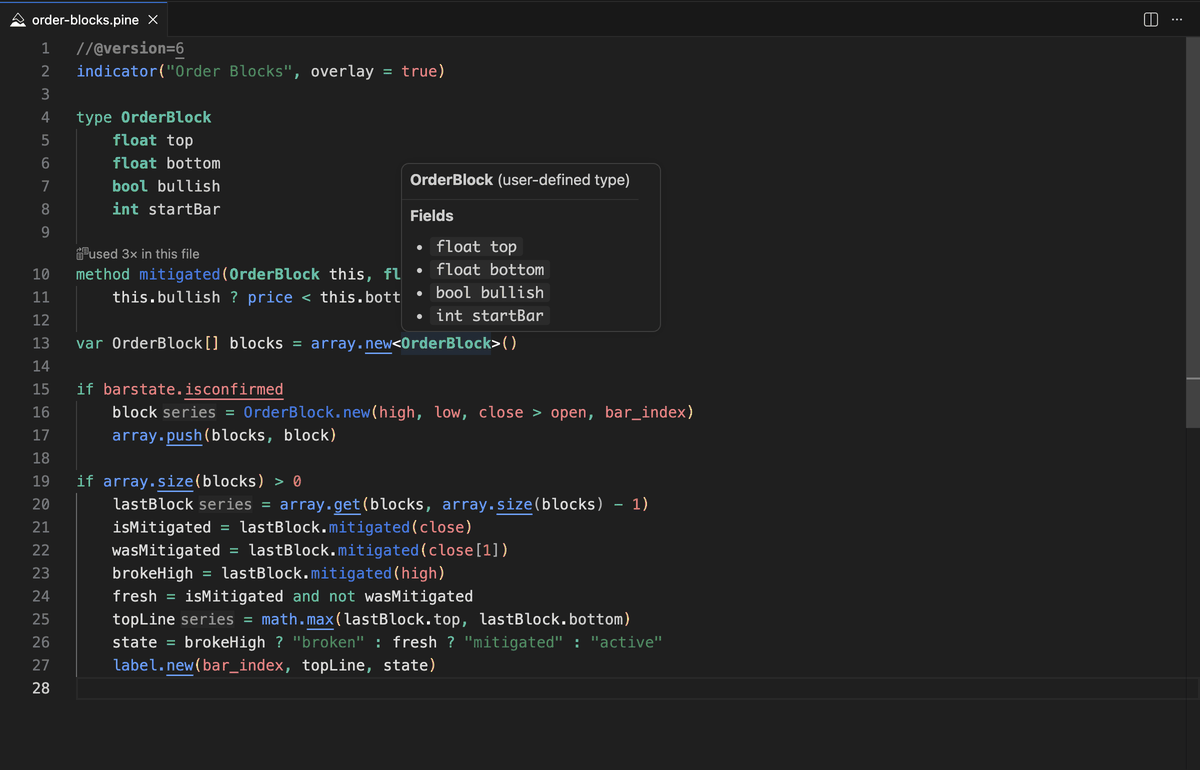Hovering a user-defined type lists its fields; hovering a method call shows its resolved signature; a block-local variable resolves to its type