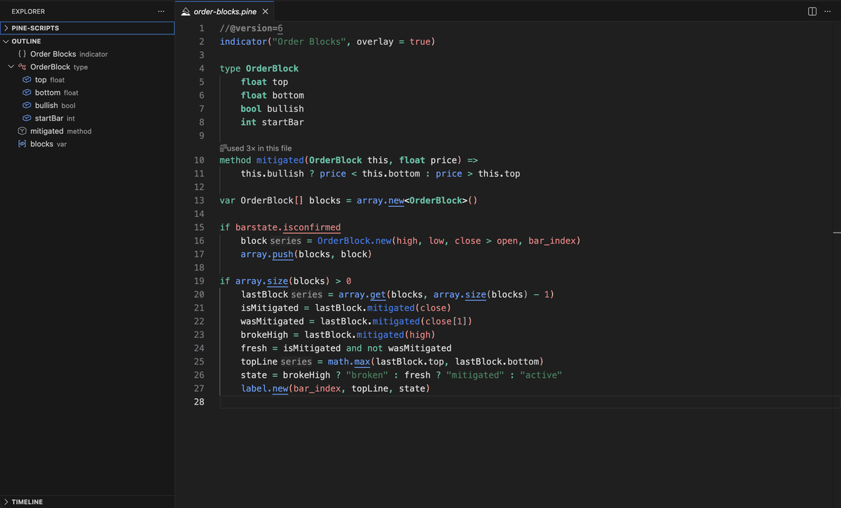 The Outline view lists user-defined types, fields, methods, and variables; clicking one jumps to its declaration